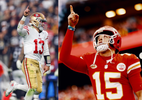 Die beiden Quarterbacks Brock Purdy (weiss) und Patrick Mahomes (rot)